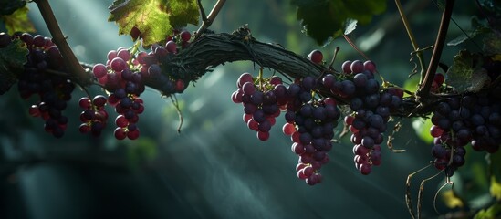 A cluster of grapes adorns a vine amidst a dense forest, highlighting the beauty of a fruit-bearing...