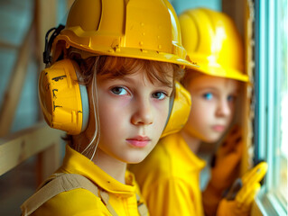 Portrait of child construction workers in yellow helmets and yellow safety. Generative AI