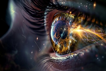 Human Cyborg AI Eye see. Eye color vision deficiency treatment optic nerve lens eyes color vision. Visionary iris posterior chamber sight scope eyelashes - obrazy, fototapety, plakaty