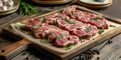 Obraz premium a tray of meat with ingredients on a wooden board with plates, generative AI