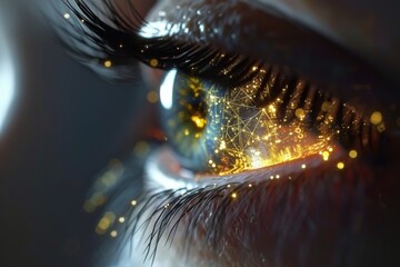 Human Cyborg AI Eye refractive surgery. Eye lasik flap complications optic nerve lens scotoma color vision. Visionary iris retina sight energy eyelashes - obrazy, fototapety, plakaty