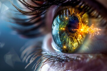 Human Cyborg AI Eye space. Eye backdrop optic nerve lens conjunctivitis color vision. Visionary iris tritan color confusion lines sight spiral eyelashes