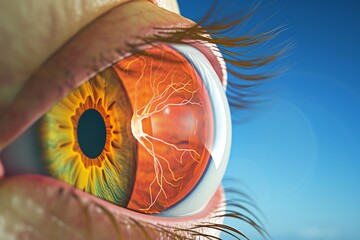 Human Cyborg AI Eye abstract. Eye psychedelic optic nerve lens eyelid twitching color vision. Visionary iris all laser lasik sight reflection eyelashes - obrazy, fototapety, plakaty