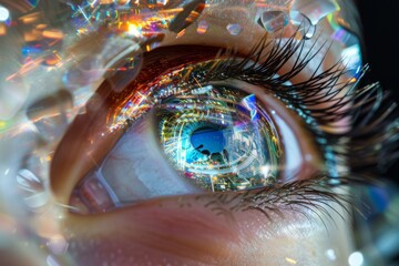 Human Cyborg AI Eye consciousness. Eye monochromacy optic nerve lens futuristic color vision. Visionary iris dark adapted erg sight epiphora eyelashes