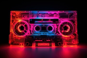 Retro Music cassette neon. Music radio. Generate Ai