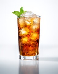 mock up of a glass of refreshing ice tea drink on a table with a white background that can be used for your beverage products