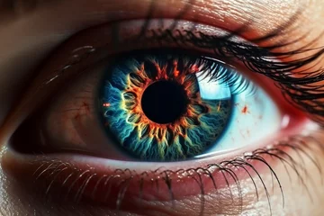 Deurstickers Human Cyborg AI Eye hyperopia. Eye Alpha agonist eye drop optic nerve lens dsek color vision. Visionary iris strabismus sight aqueous humor eyelashes © Leo