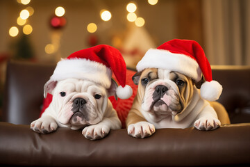 Cute bulldogs wearing Santa hat