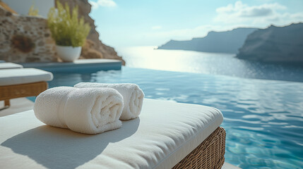 empty sunbed with towels by a pool with an ocean view in Santorini Greece, European summer concept travel tourism hotel