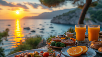 Turkish breakfast with an ocean view, Turkish breakfast with a view over the ocean Mediterranean sea