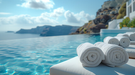 empty sunbed with wrapped towels by a pool with an ocean view in Santorini Greece, European summer, beach chairs at a swimming pool