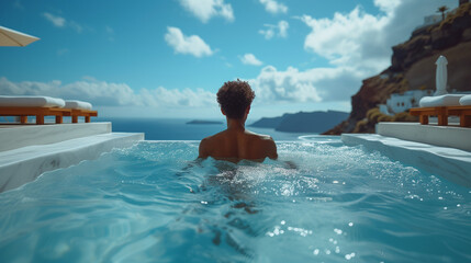 man relaxing in the infinity swimming pool looking at the ocean, a young man in the swimming pool relaxing looking out over the ocean caldera of Oia Santorini Greece  - obrazy, fototapety, plakaty