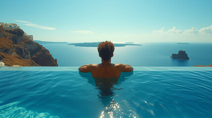 man relaxing in the infinity swimming pool looking at the ocean, a young man in the swimming pool relaxing looking out over the ocean caldera of Oia Santorini Greece on a sunny day - obrazy, fototapety, plakaty