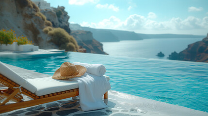 empty sunbed with  a hat and towels by a pool with an ocean view in Santorini Greece, European summer, infinity pool with chairs - obrazy, fototapety, plakaty