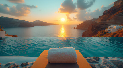 empty sunbed with towels by a pool with an ocean view in Santorini Greece, European summer,...