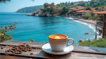 cup of coffee on the beach, Turkish breakfast with an ocean view, Turkish breakfast with a view over the ocean of Fethiye Turkey Mediterranean sea - obrazy, fototapety, plakaty