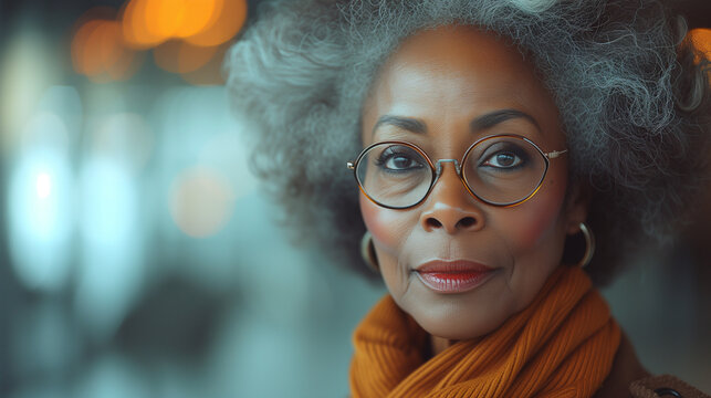 An Black Senior African American Elderly Woman In A Modern Office With A Soft Bokeh Blur Background, Black Woman With Glasses