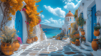 colorful Greek village with flowers in summer in Greece, view of the sea from the sea - obrazy, fototapety, plakaty