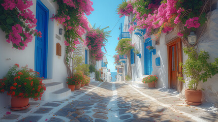 colorful Greek village with flowers in summer in Greece, houses in island city - obrazy, fototapety, plakaty