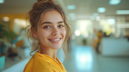 Obraz premium portrait of a woman with white teeth,dentist and a young woman check her teeth and smile after cleaning, braces, and dental consultation. Healthcare, dentistry, and a happy female patient with orthodo