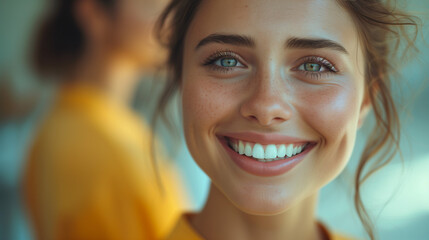 portrait of a woman smiling,dentist and a young woman check her teeth and smile after cleaning, braces, and dental consultation. Healthcare, dentistry, and a happy female patient with orthodontist for