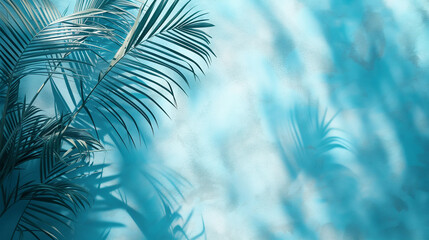 green palm leaves shadow with blue color texture pattern cement wall background, palm leaves...