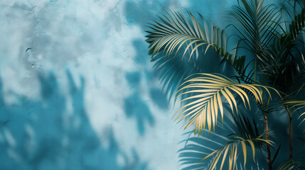 Obraz premium green palm leaves shadow with blue color texture pattern cement wall background