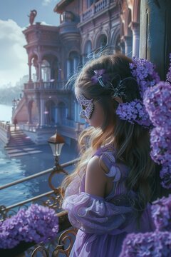 Beautiful girl in mask, with long flowing hair, dressed in purple clothes in a romantic atmosphere. The backdrop is a luxurious modern European-style mansion. Framed scene with a lilac wisteria vine