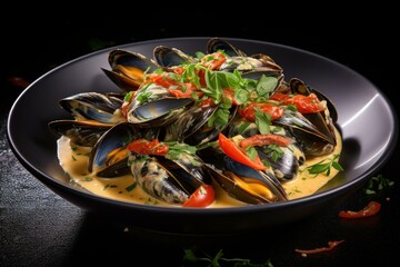 Mussels boiled restaurant. Cuisine dish. Generate AI