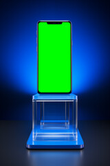Green screen smartphone on blue background.