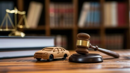 Gavel and car on table. Law and justice concept. - obrazy, fototapety, plakaty