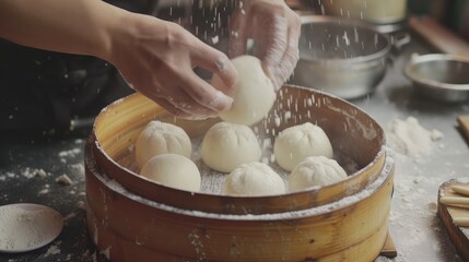 Fototapeta na wymiar The process of preparing the dough to make steamed stuff bun.
