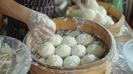The process of preparing the dough to make steamed stuff bun.