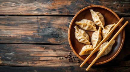 Top view fresh dumplings with hot steams on wood plate with chopsticks. Chinese food on rustic old vintage wooden background.