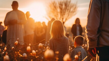 family attending a sunrise Easter service