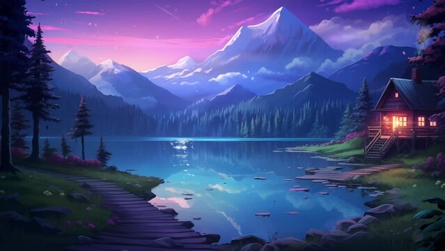 Animated illustration of a calm lake with mountain views at night. Animated scenery background illustration.