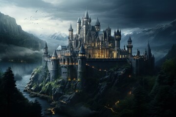 Gothic Medieval castle europe. Tower landmark. Generate Ai - obrazy, fototapety, plakaty