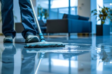 Professional cleaner cleaning the floor in an office room with a mop. - obrazy, fototapety, plakaty