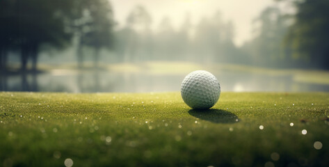 Golf ball on the green grass with water drops. Golf ball on golf course,Golf ball on green grass with foggy background. 3D rendering