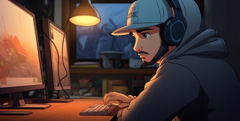 Hacker in a hood is hacking into a computer. Vector illustration.Young man in cap and headphones is sitting at the table in front of the computer monitor.