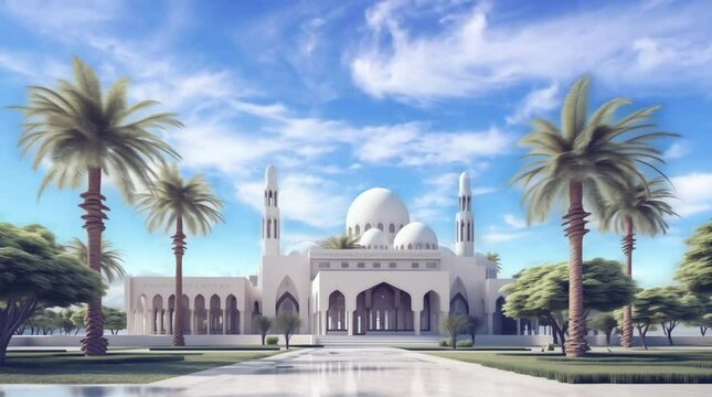 white mosque with palm tree with clear blue sky background ramadan loop animation background illustration
