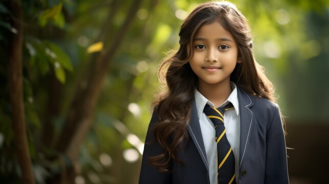 Portrait of happy indian girl with school bag standing outdoor. Neural network AI generated art