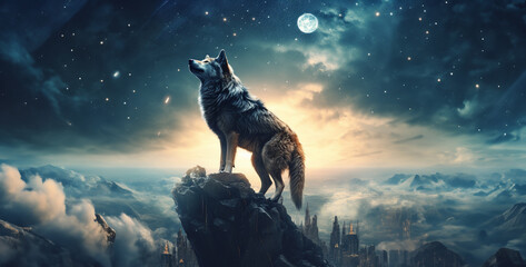 Wolf howling at the full moon.Wolf howling on the edge of the cliff. 3d rendering - obrazy, fototapety, plakaty