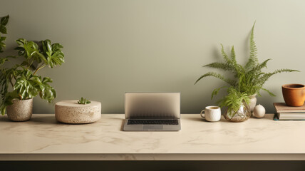 Modern office desk mockup with laptop, coffee cup, green plant - minimalist style and soft lighting