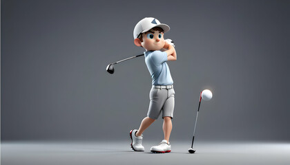 A 3D cartoon golfer character, swinging a club with precision on a clean grey background