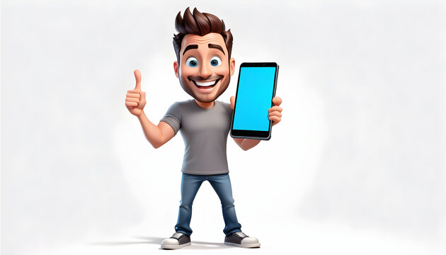 A 3D cartoon character standing with a big empty mobile phone screen