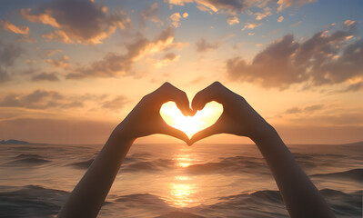 Happy person forming heart shape in front of sun in natural landscape. A person's hands forming a heart shape against the backdrop of the sunny sky, creating a joyous gesture amidst the natural