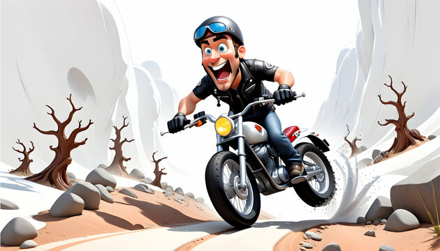 A 3D rendered cartoon biker navigating a challenging trail