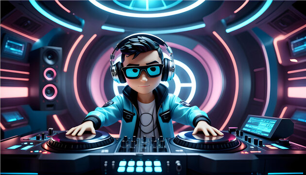 A 3D rendered cartoon character as a DJ, mixing beats in a futuristic spaceship-themed home