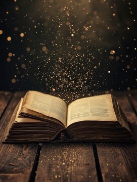 image of open antique book on wooden table with glitter overlay, realistic, HD, copy space - generative ai